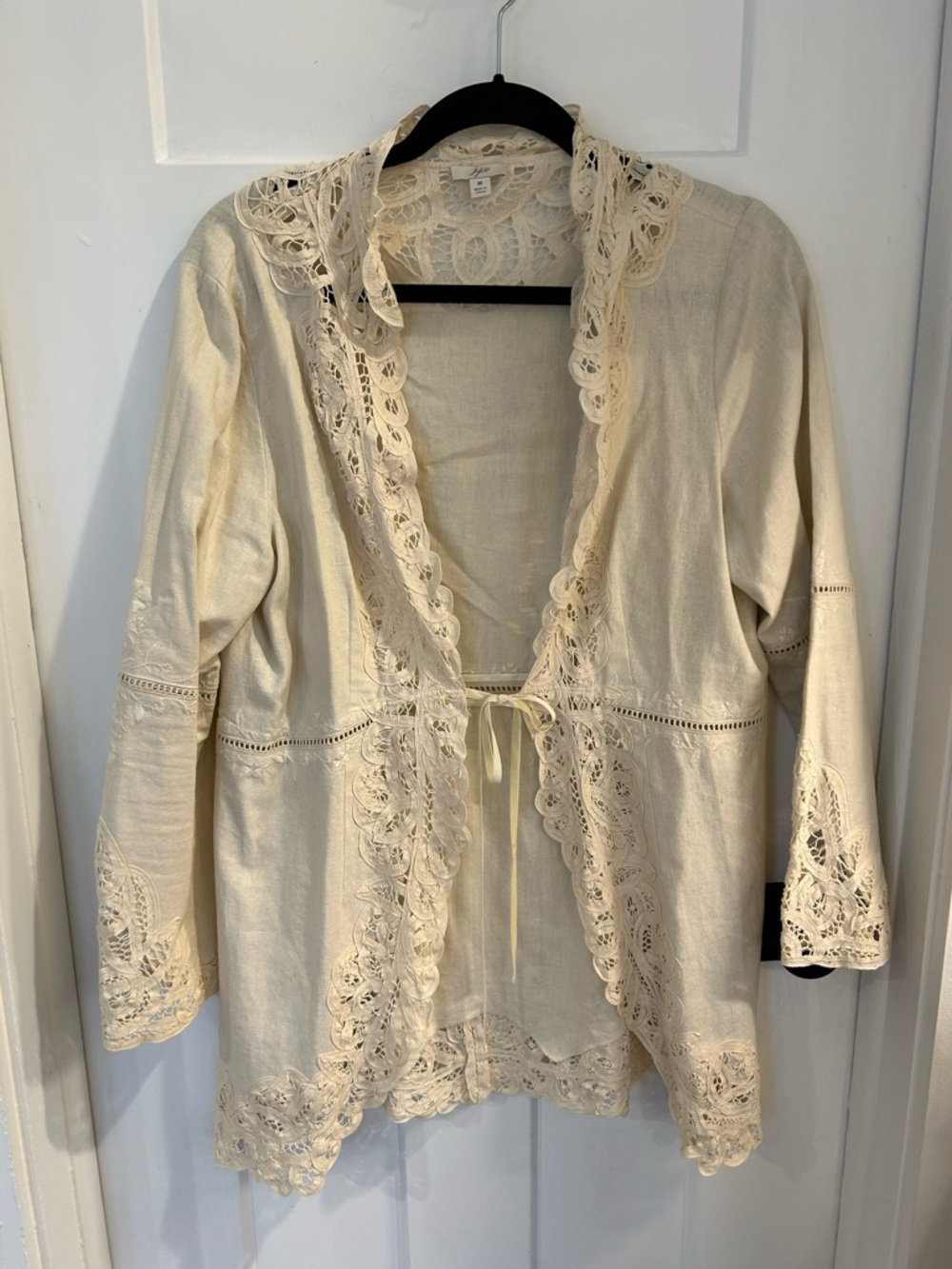 J. Jill Lace-Trim Tie Front Cloth Cardigan - Cream